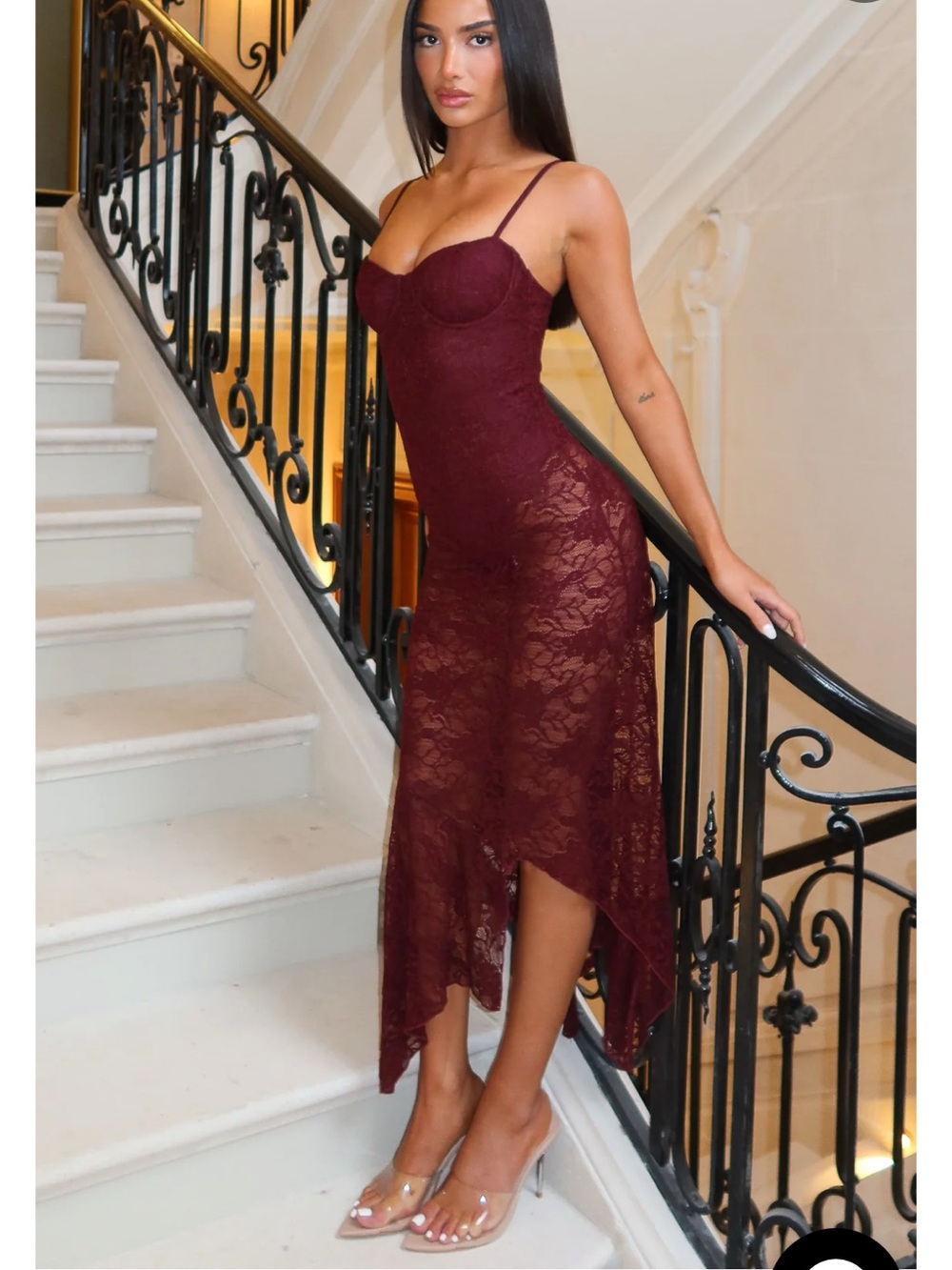 White Fox Boutique Burgundy Lace High-Low Slip Midi Dress
